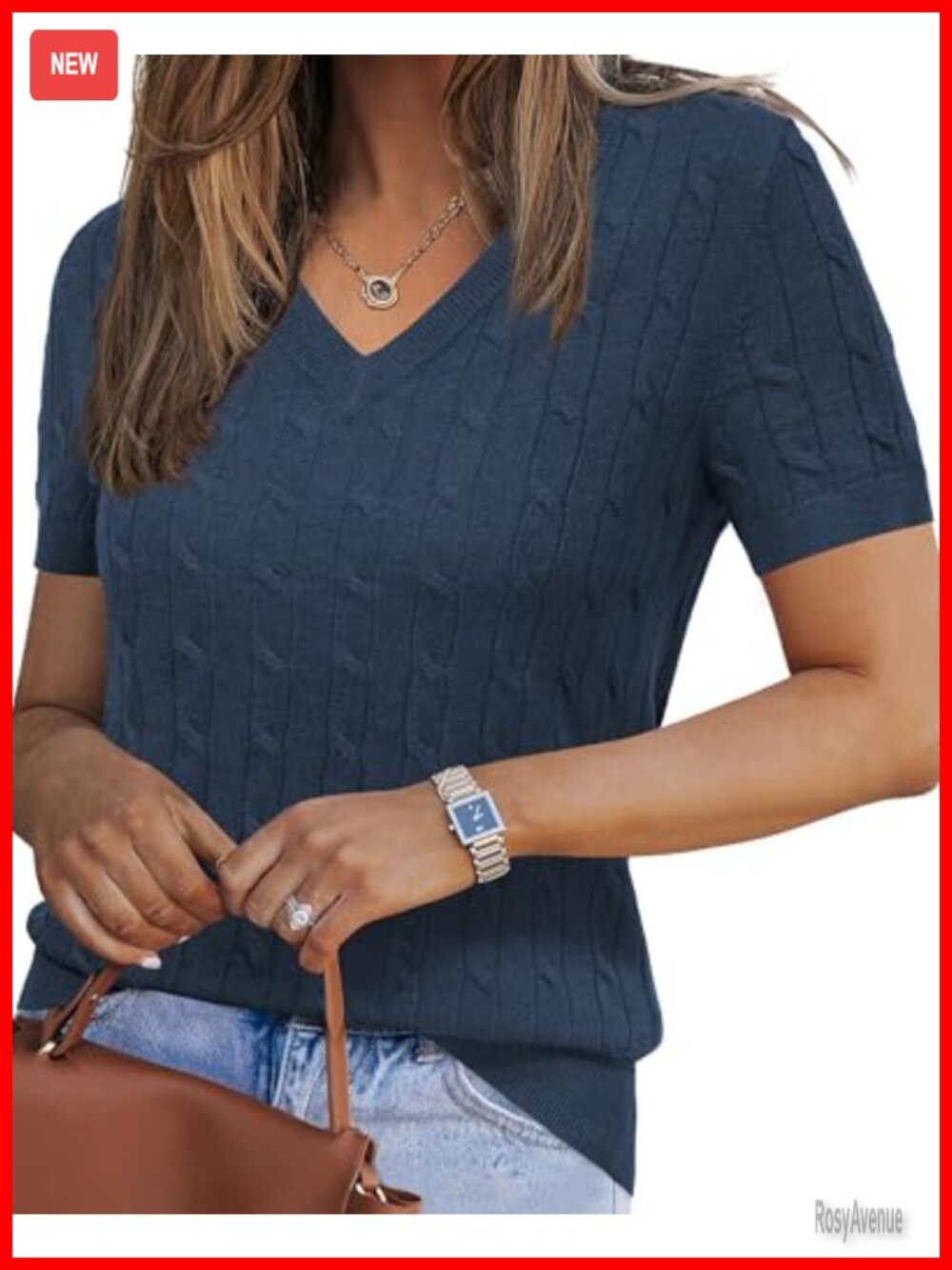 Women's Wool Blend Short Sleeve Sweater V-Neck Loose Fit Cable Knit